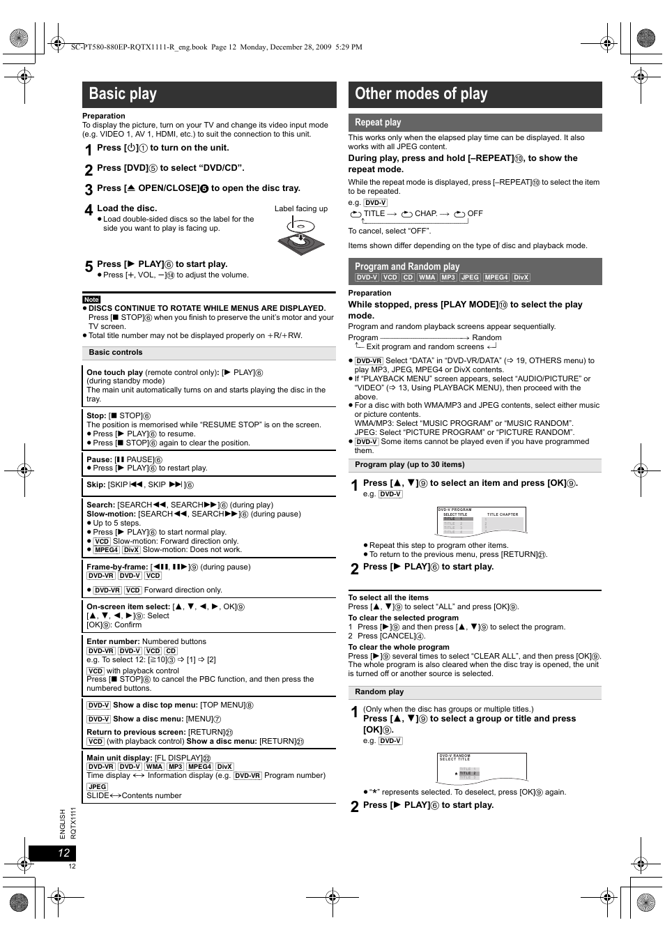 Basic play, Other modes of play | Panasonic SCPT880EP User Manual | Page 12 / 102