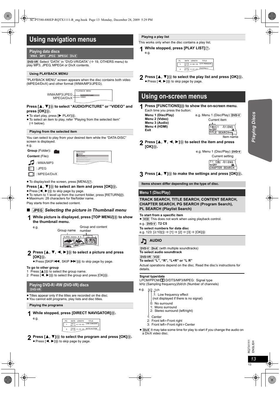 Using navigation menus, Using on-screen menus, Ot her op era tions | Panasonic SCPT880EP User Manual | Page 13 / 102