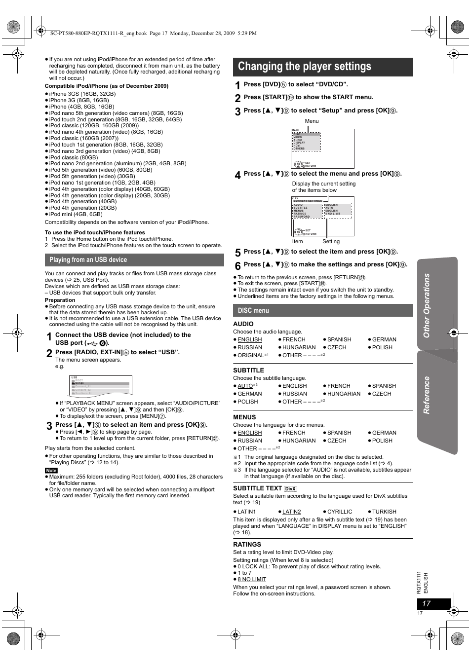 Changing the player settings | Panasonic SCPT880EP User Manual | Page 17 / 102