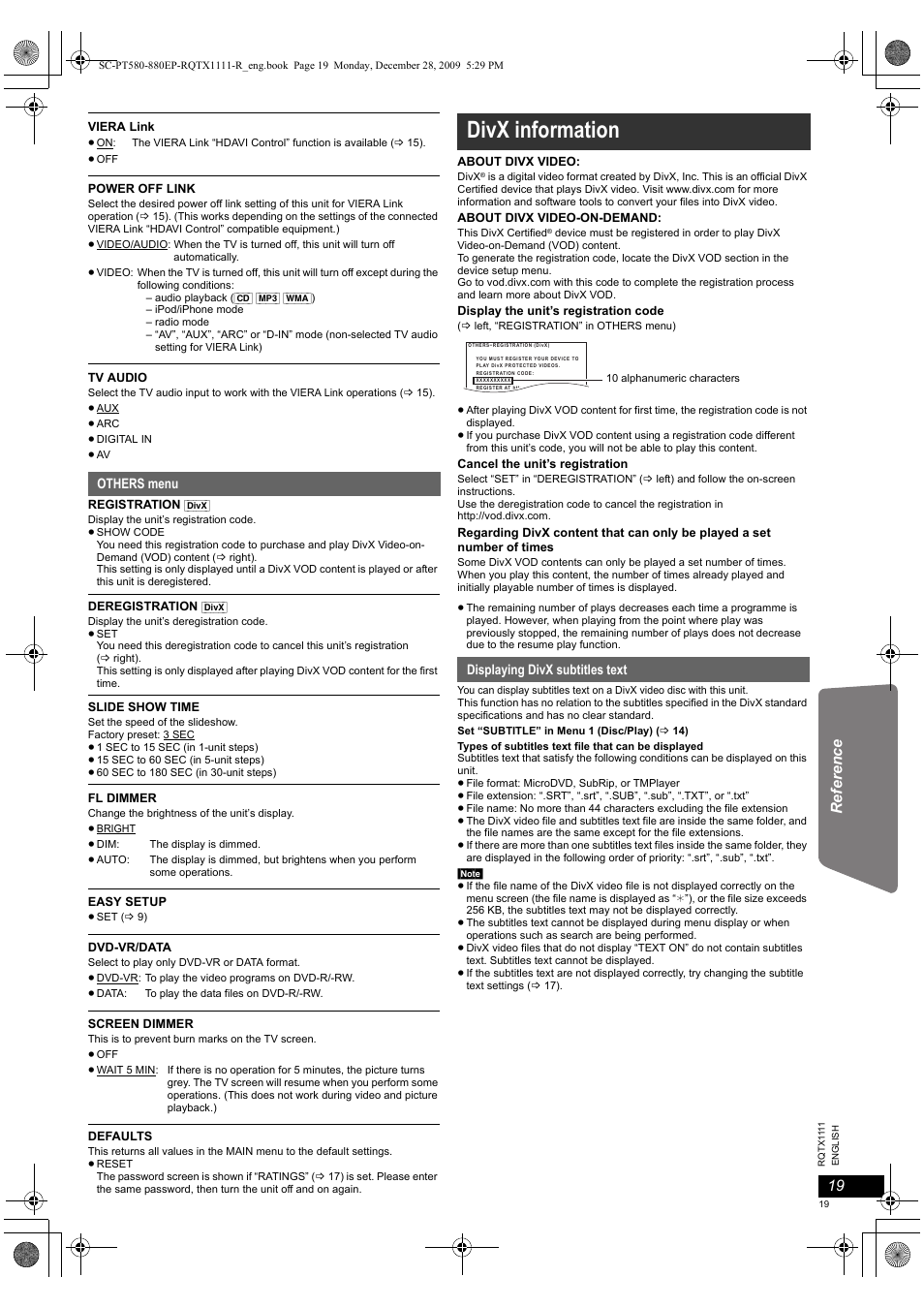 Divx information | Panasonic SCPT880EP User Manual | Page 19 / 102