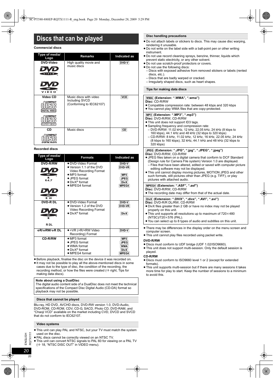 Discs that can be played | Panasonic SCPT880EP User Manual | Page 20 / 102