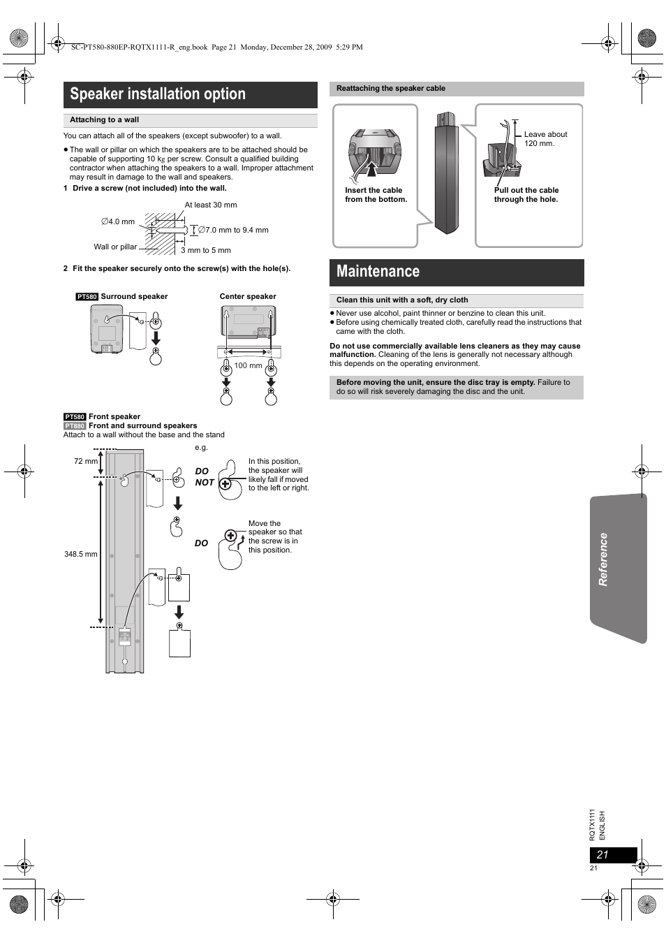 Speaker installation option, Maintenance | Panasonic SCPT880EP User Manual | Page 21 / 102