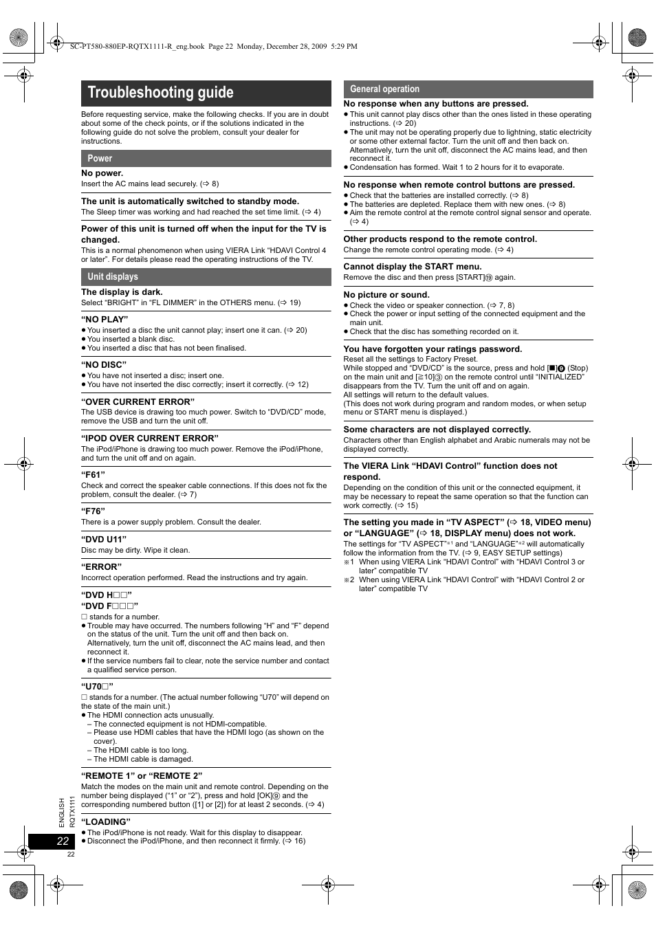 Troubleshooting guide | Panasonic SCPT880EP User Manual | Page 22 / 102