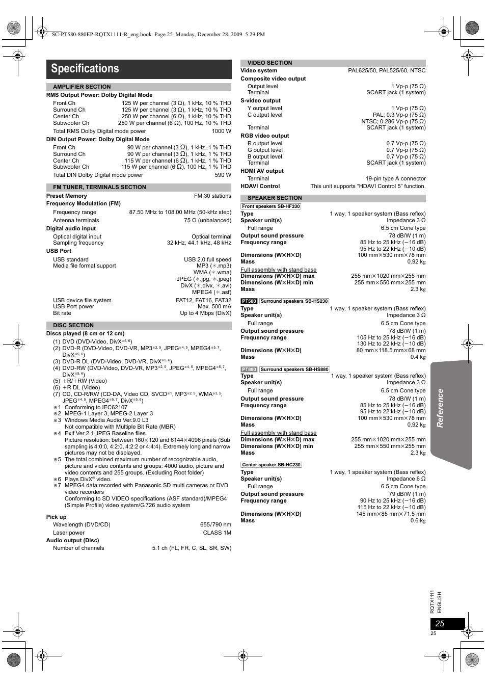 Specifications | Panasonic SCPT880EP User Manual | Page 25 / 102