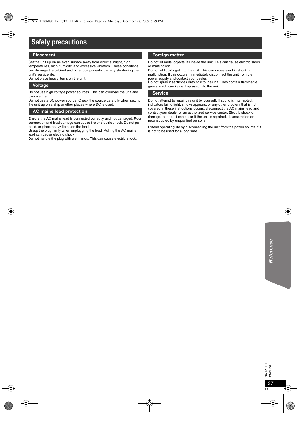 Safety precautions | Panasonic SCPT880EP User Manual | Page 27 / 102