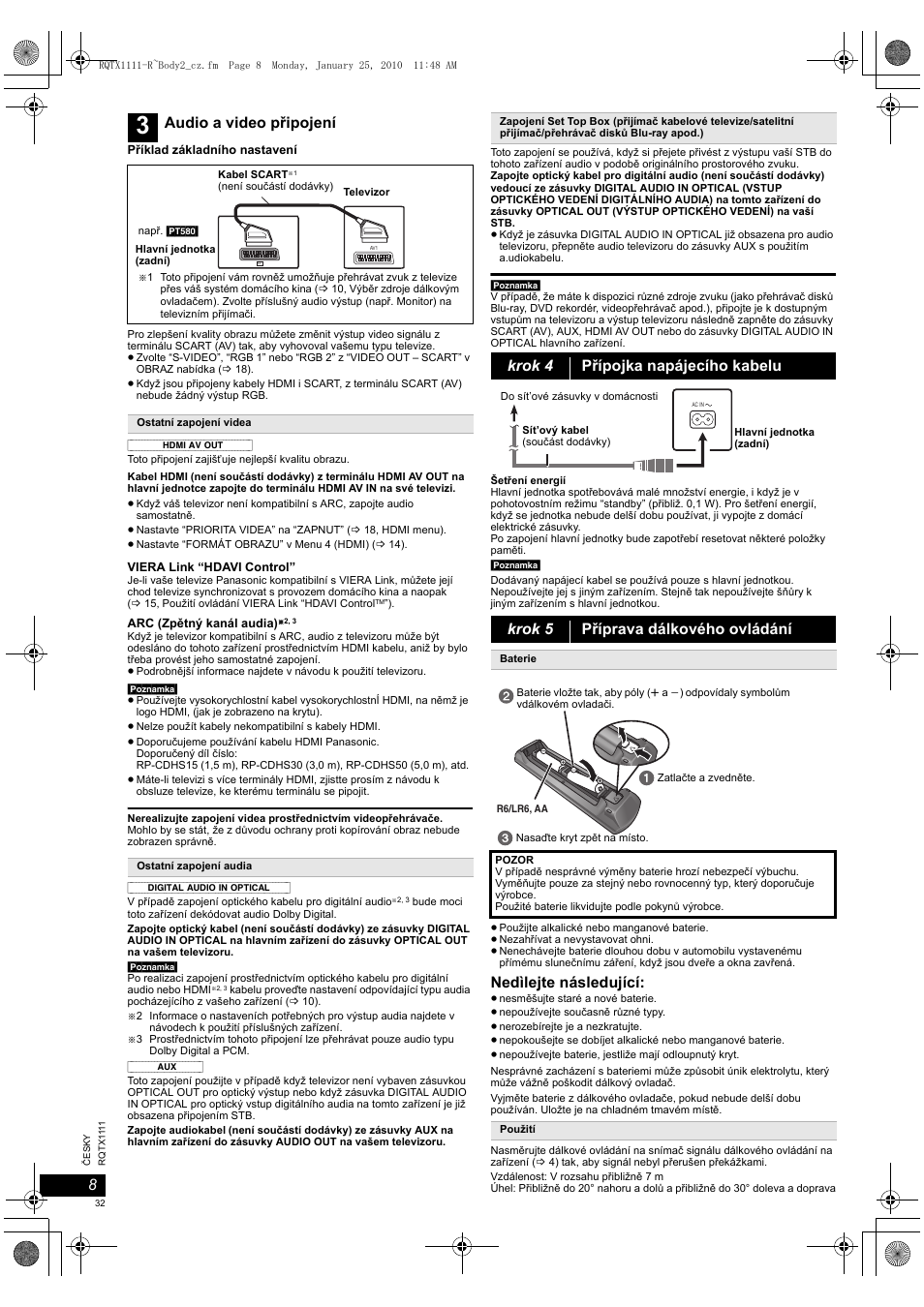 Nedìlejte následující, Audio a video připojení | Panasonic SCPT880EP User Manual | Page 32 / 102