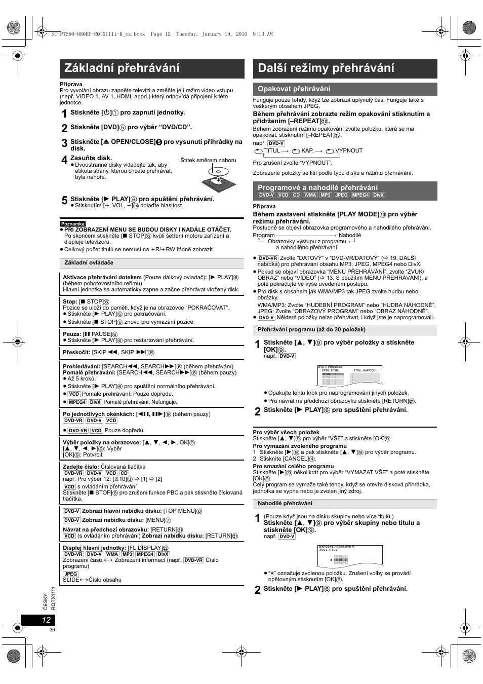 Základní přehrávání, Další režimy přehrávání | Panasonic SCPT880EP User Manual | Page 36 / 102