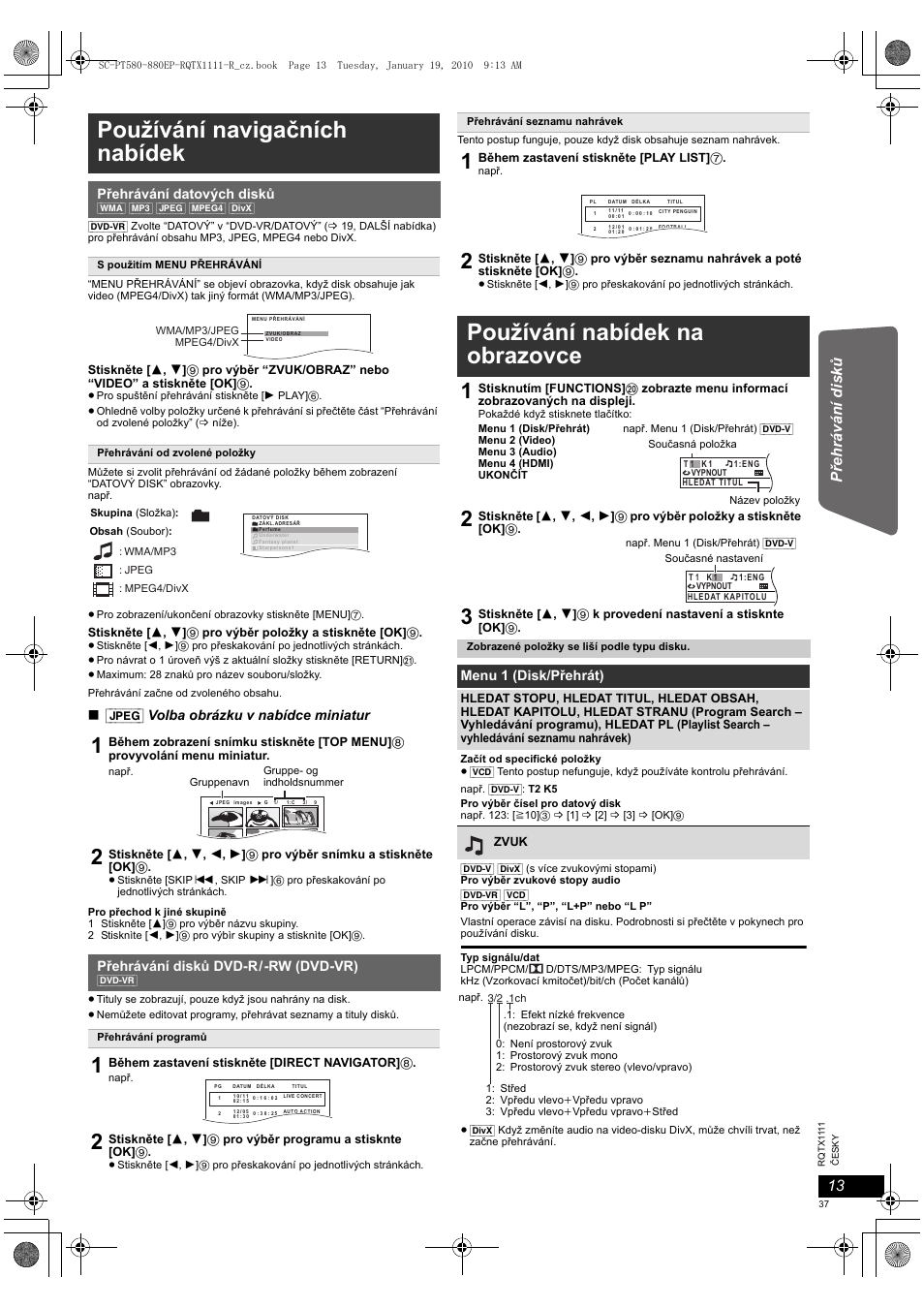 Používání navigačních nabídek, Používání nabídek na obrazovce, Ot her op era tions | Panasonic SCPT880EP User Manual | Page 37 / 102