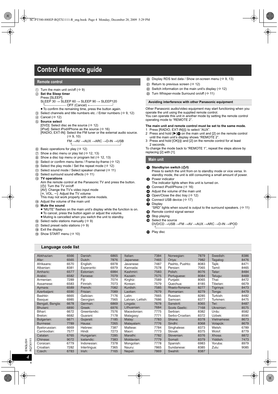 Control reference guide | Panasonic SCPT880EP User Manual | Page 4 / 102