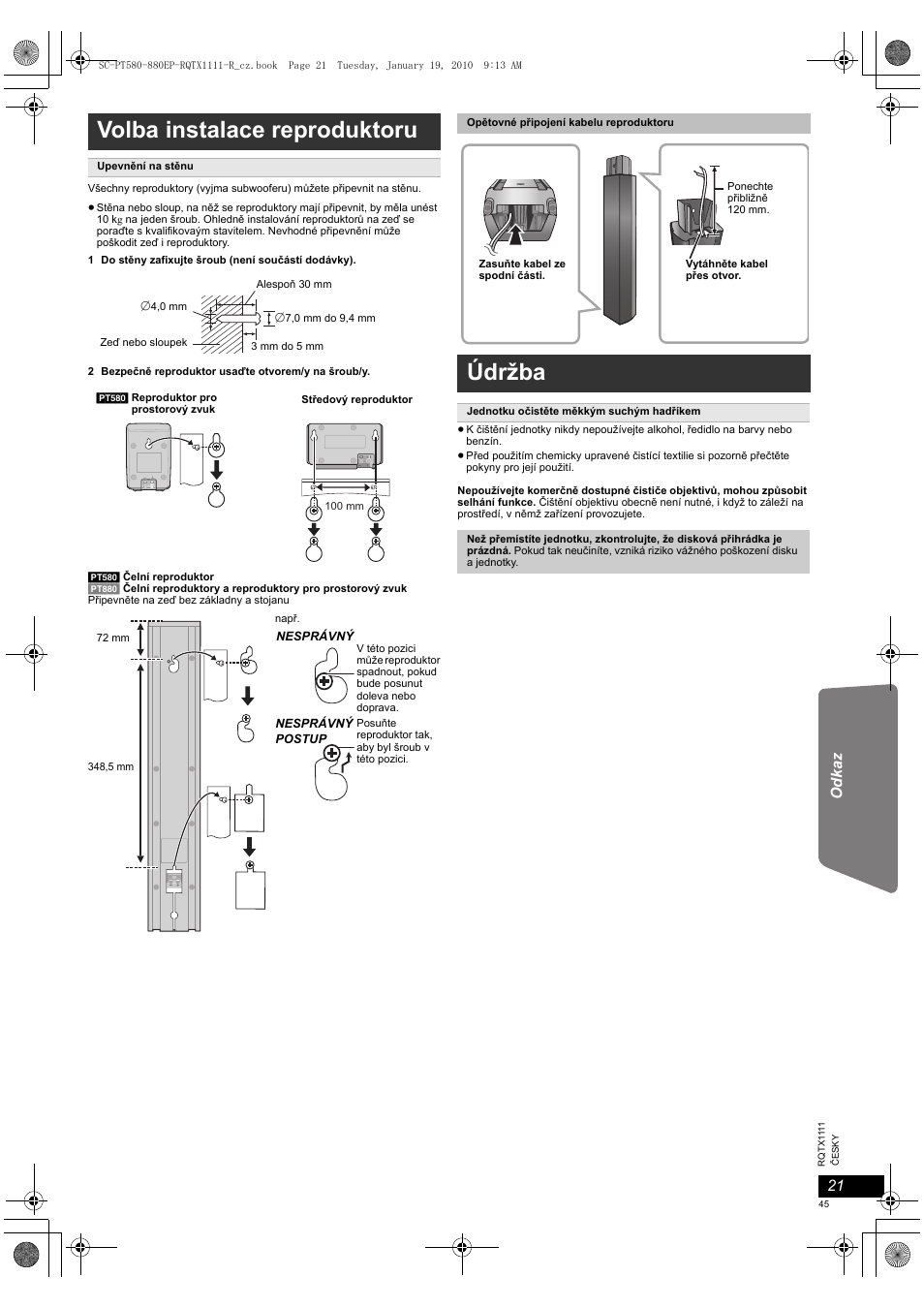 Volba instalace reproduktoru, Údržba | Panasonic SCPT880EP User Manual | Page 45 / 102