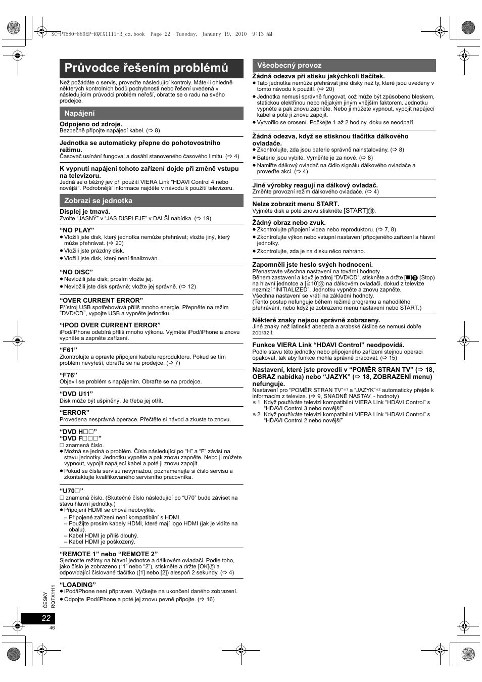 Průvodce řešením problémů | Panasonic SCPT880EP User Manual | Page 46 / 102