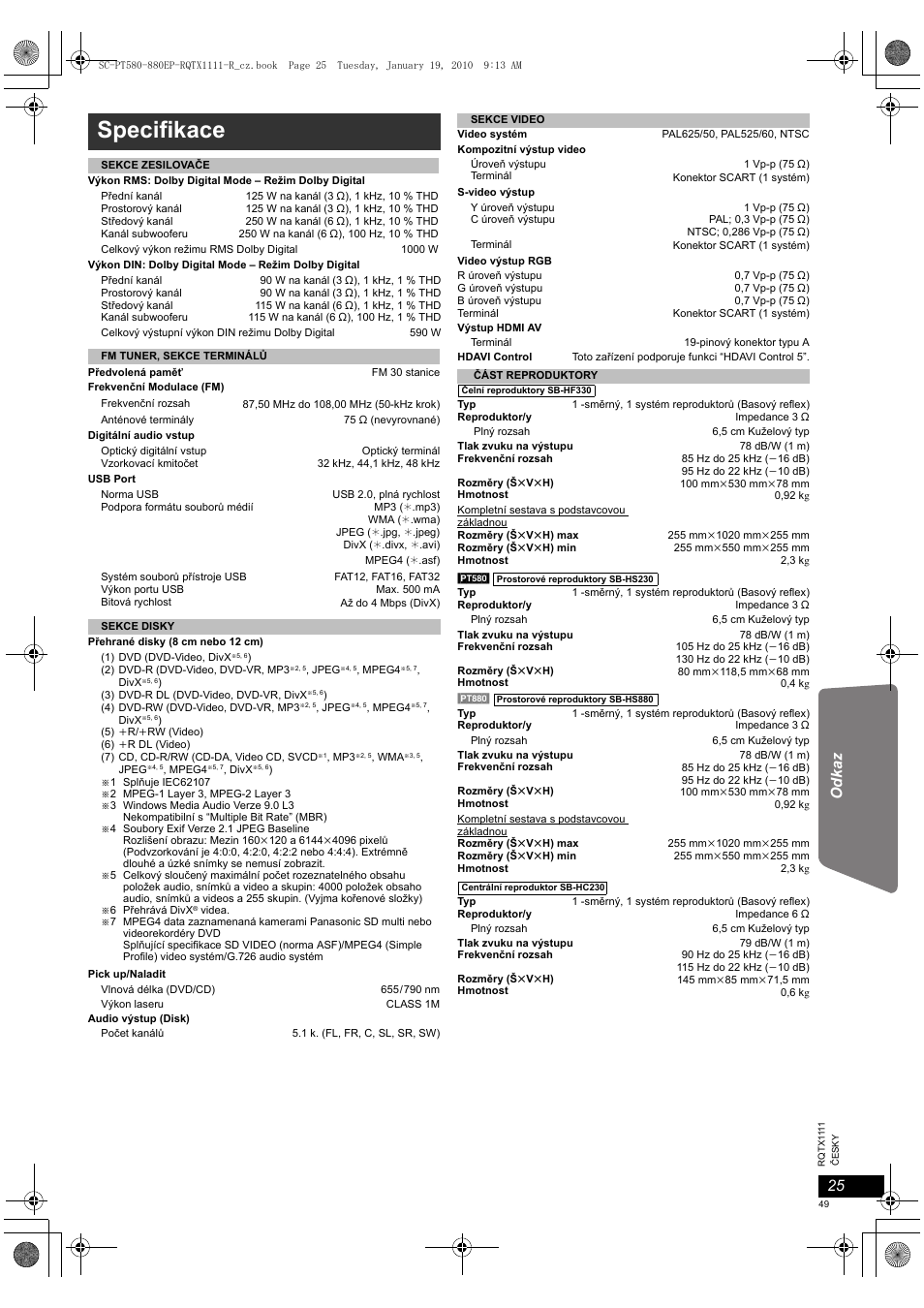 Specifikace | Panasonic SCPT880EP User Manual | Page 49 / 102