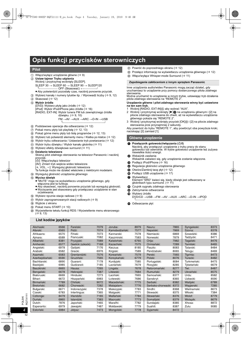 Opis funkcji przycisków sterowniczych | Panasonic SCPT880EP User Manual | Page 52 / 102