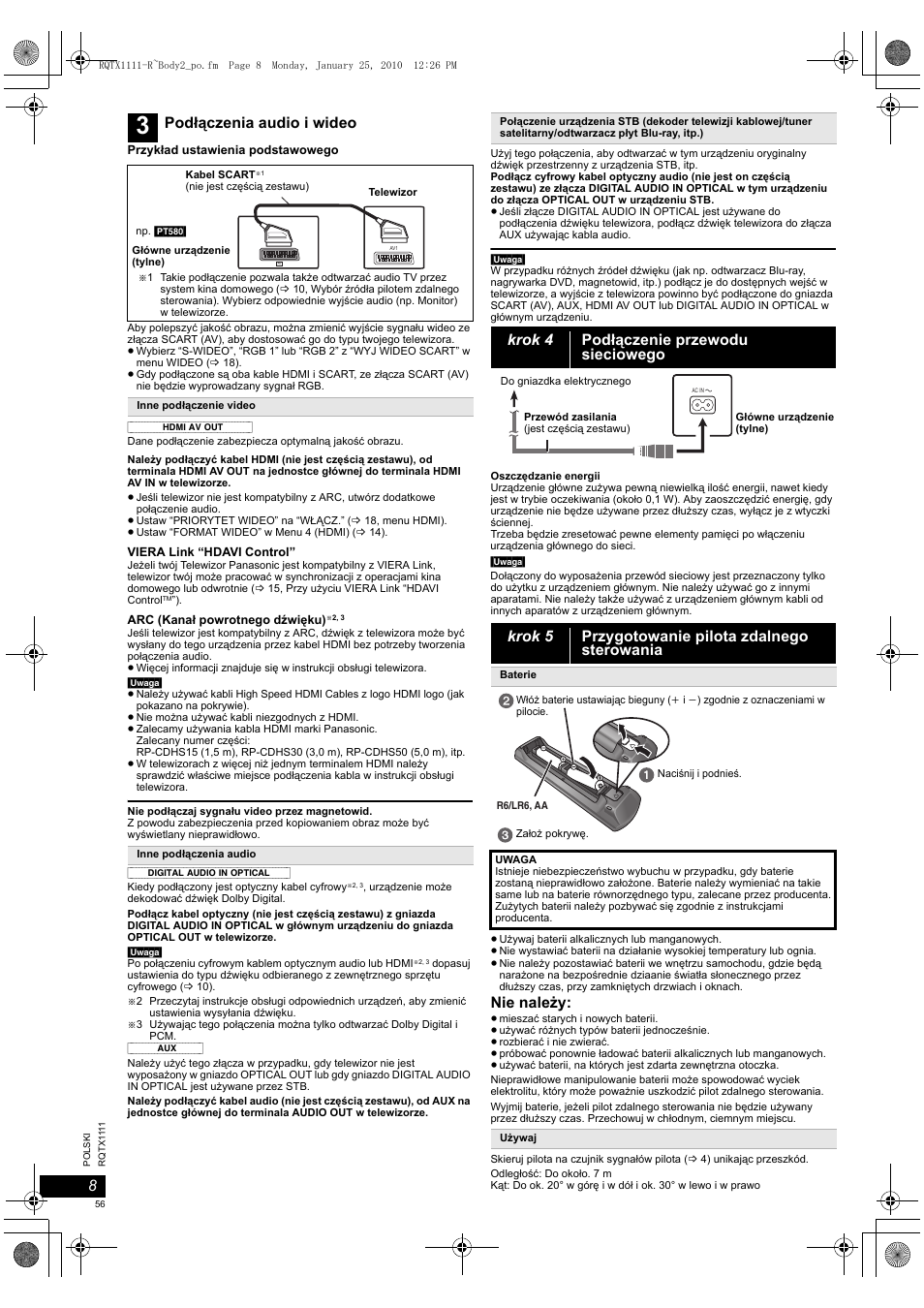 Nie należy, Podłączenia audio i wideo | Panasonic SCPT880EP User Manual | Page 56 / 102