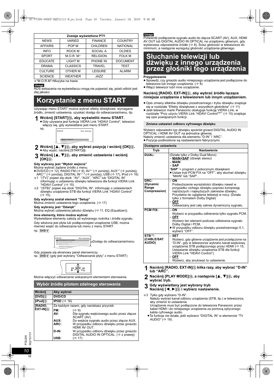 Korzystanie z menu start | Panasonic SCPT880EP User Manual | Page 58 / 102
