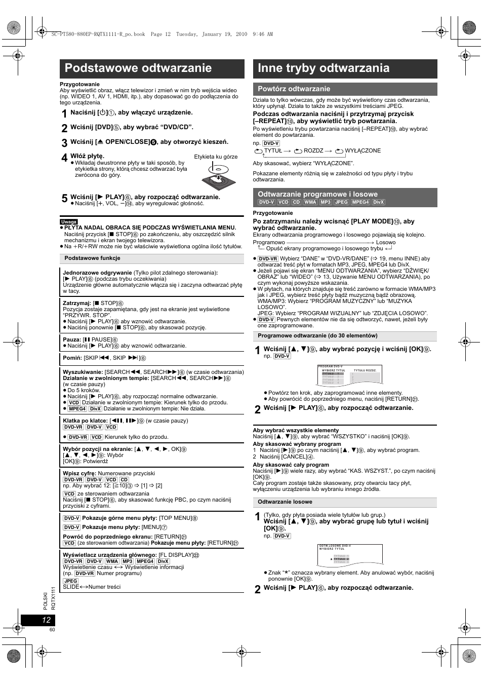 Podstawowe odtwarzanie, Inne tryby odtwarzania | Panasonic SCPT880EP User Manual | Page 60 / 102