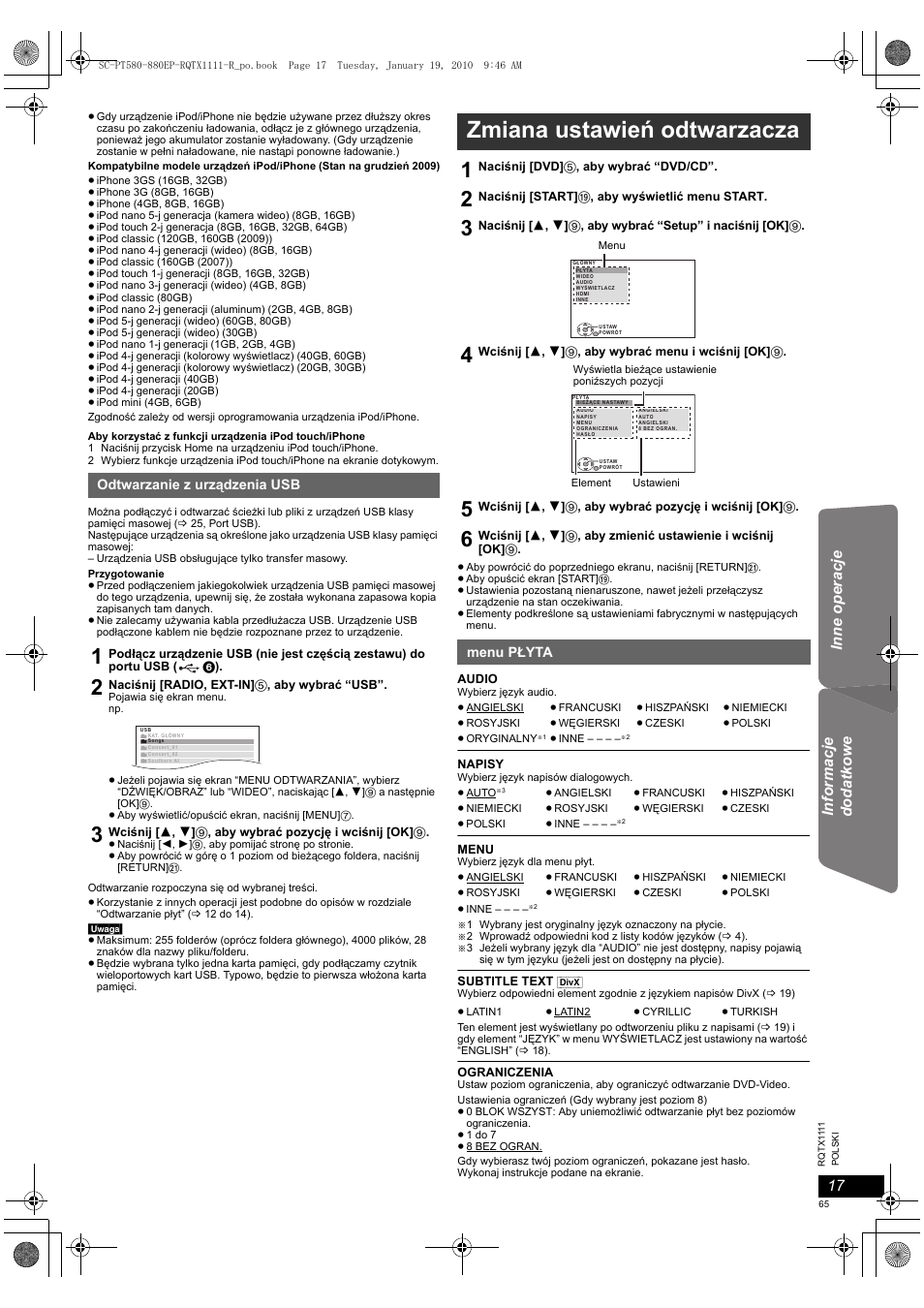 Zmiana ustawień odtwarzacza | Panasonic SCPT880EP User Manual | Page 65 / 102