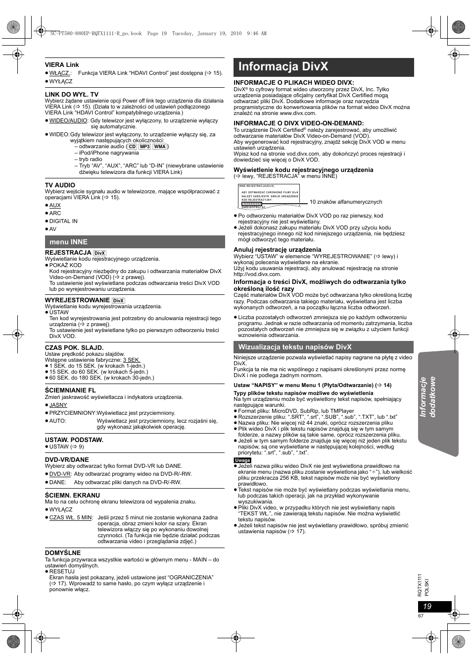 Informacja divx | Panasonic SCPT880EP User Manual | Page 67 / 102