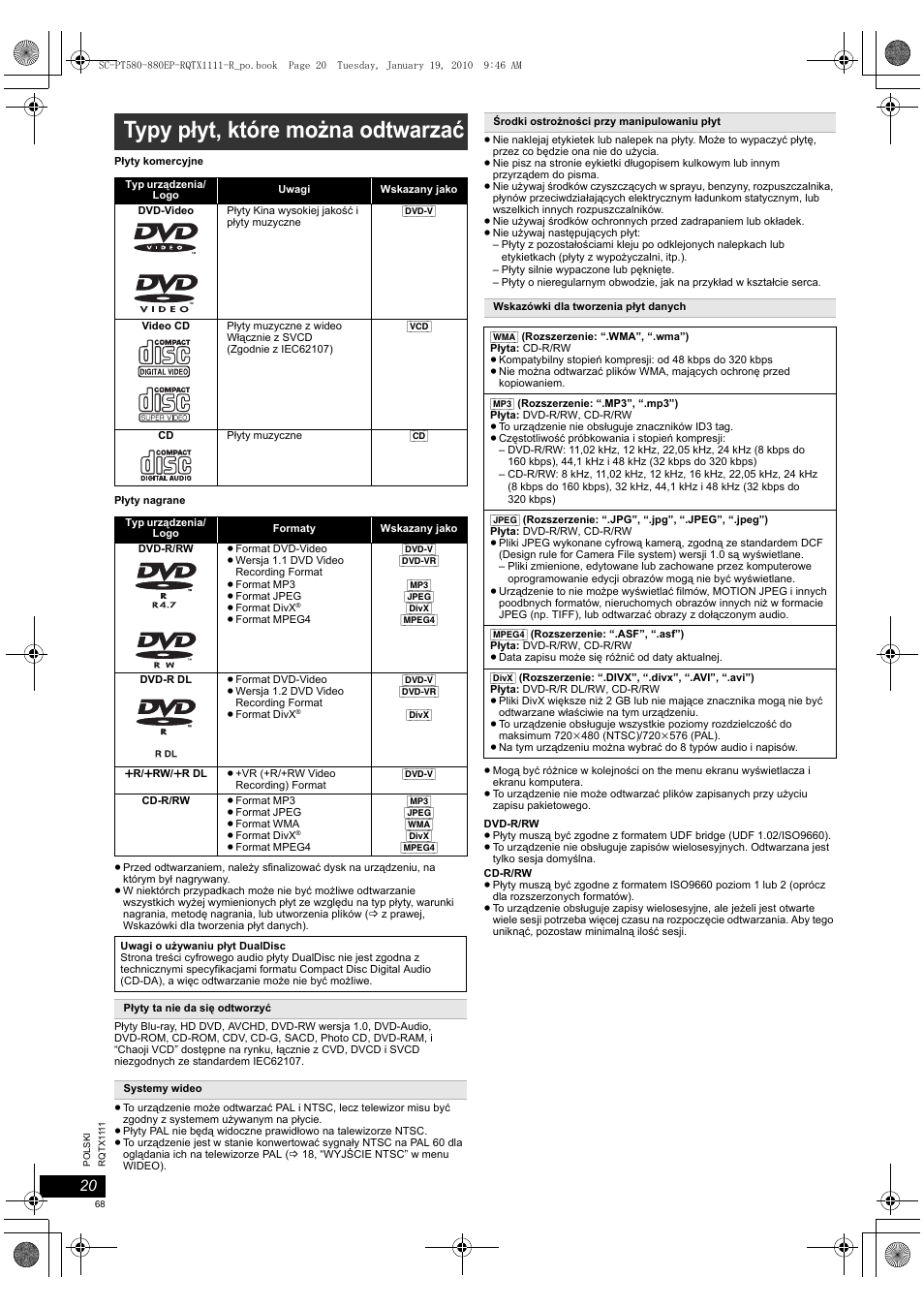 Typy płyt, które można odtwarzać | Panasonic SCPT880EP User Manual | Page 68 / 102
