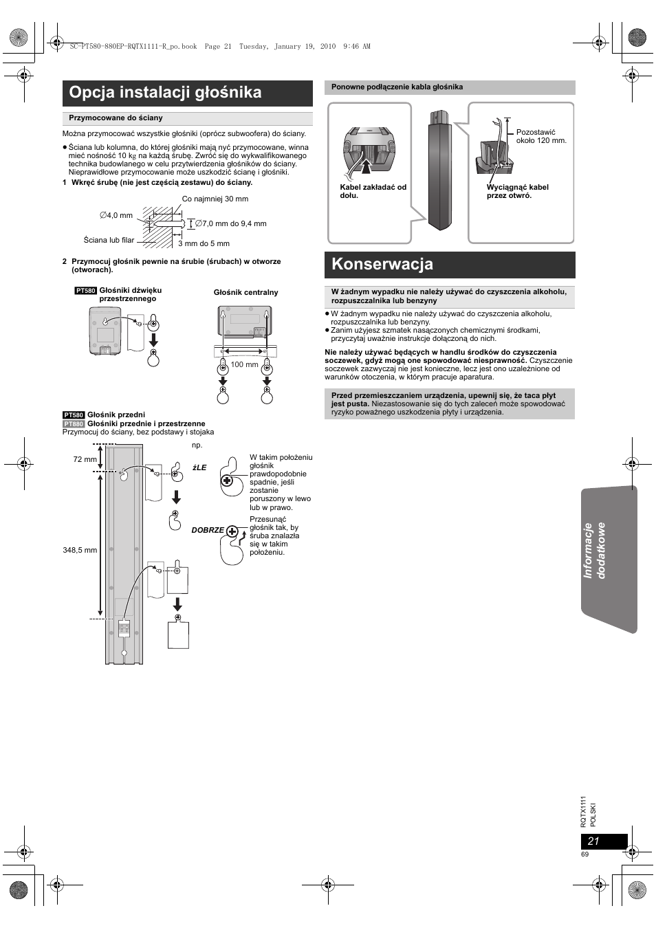 Opcja instalacji głośnika, Konserwacja | Panasonic SCPT880EP User Manual | Page 69 / 102