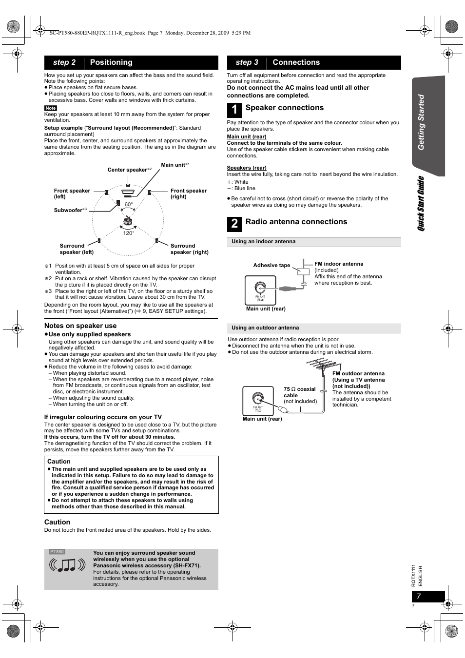 Quick start gu ide, Getting s tarted, Step 2 positioning | Step 3 connections, Speaker connections, Radio antenna connections | Panasonic SCPT880EP User Manual | Page 7 / 102