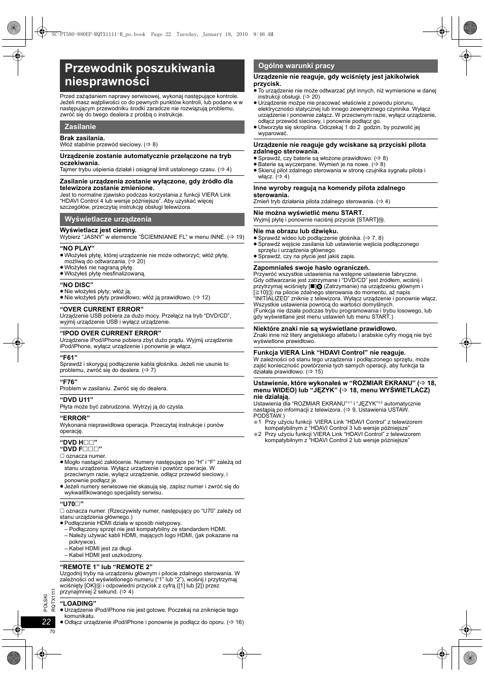 Przewodnik poszukiwania niesprawności | Panasonic SCPT880EP User Manual | Page 70 / 102