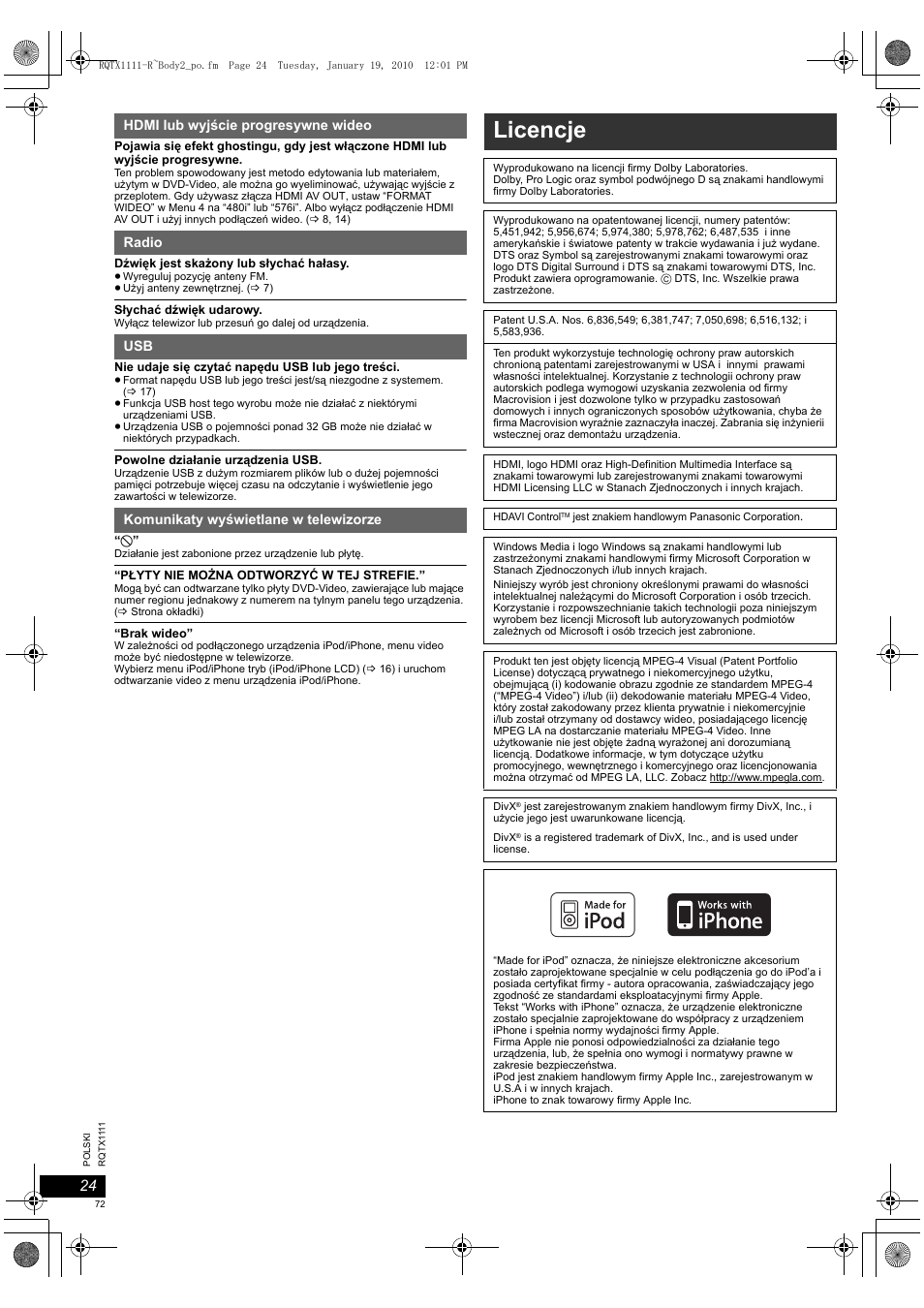 Licencje | Panasonic SCPT880EP User Manual | Page 72 / 102