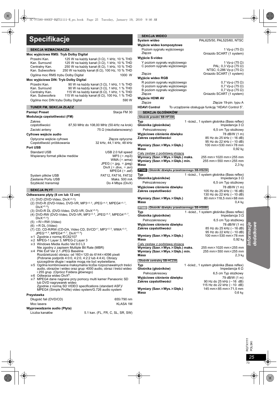 Specifikacje | Panasonic SCPT880EP User Manual | Page 73 / 102