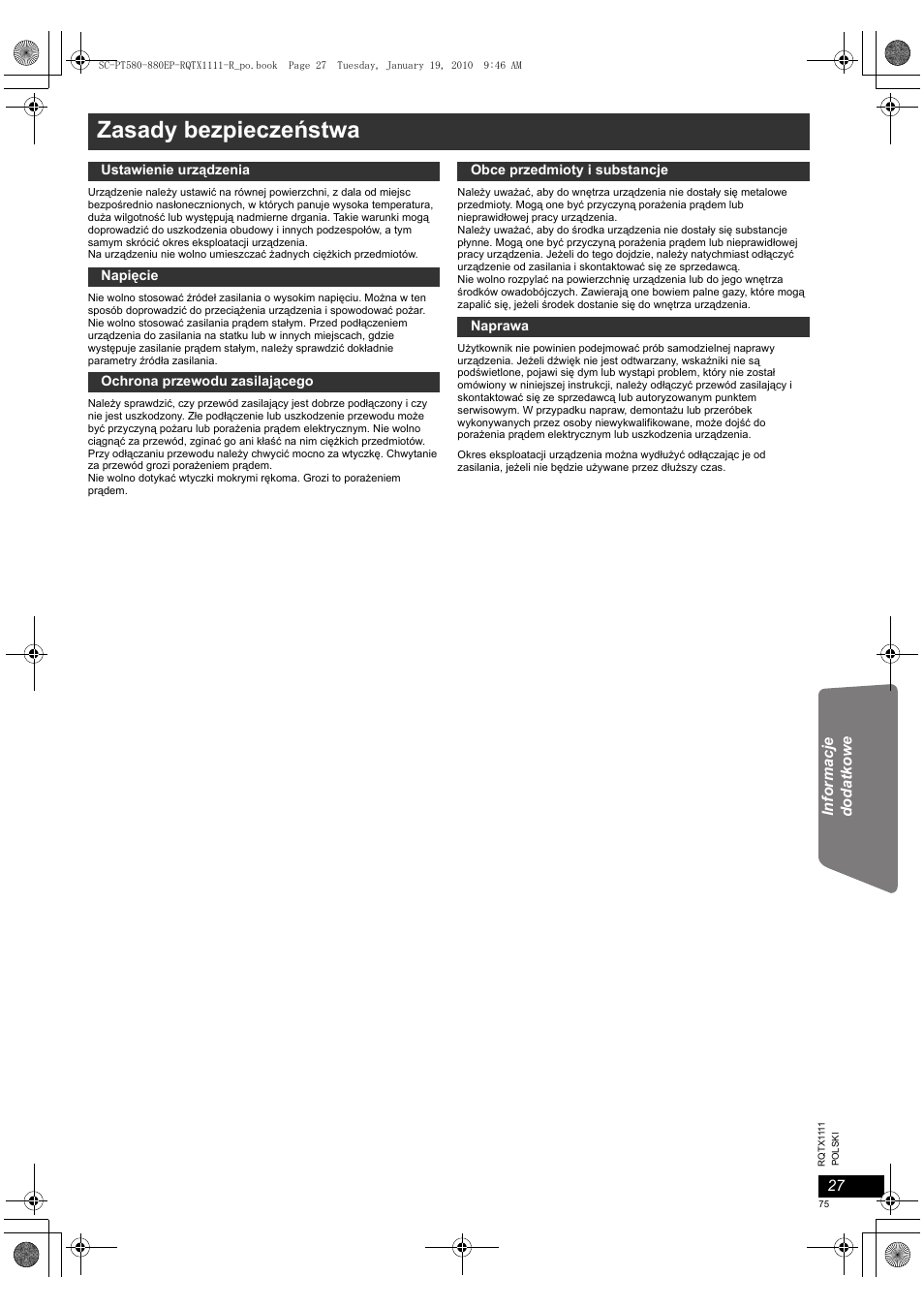 Zasady bezpieczeństwa | Panasonic SCPT880EP User Manual | Page 75 / 102