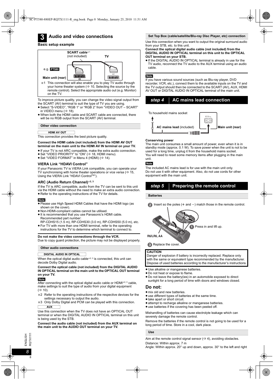 Do not, Audio and video connections | Panasonic SCPT880EP User Manual | Page 8 / 102