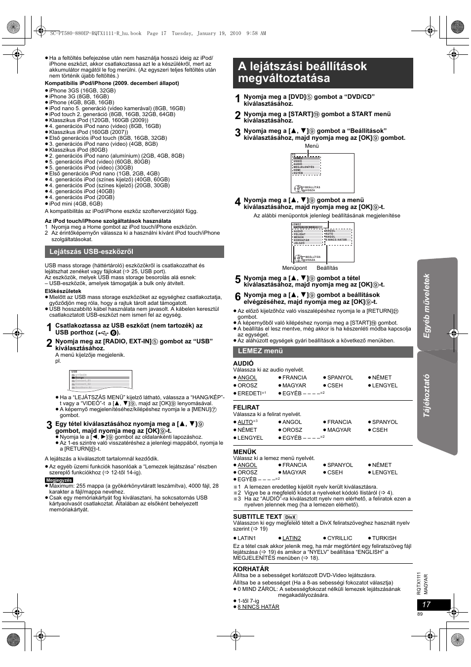 A lejátszási beállítások megváltoztatása | Panasonic SCPT880EP User Manual | Page 89 / 102
