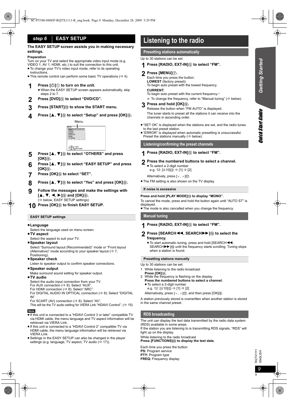 Listening to the radio | Panasonic SCPT880EP User Manual | Page 9 / 102