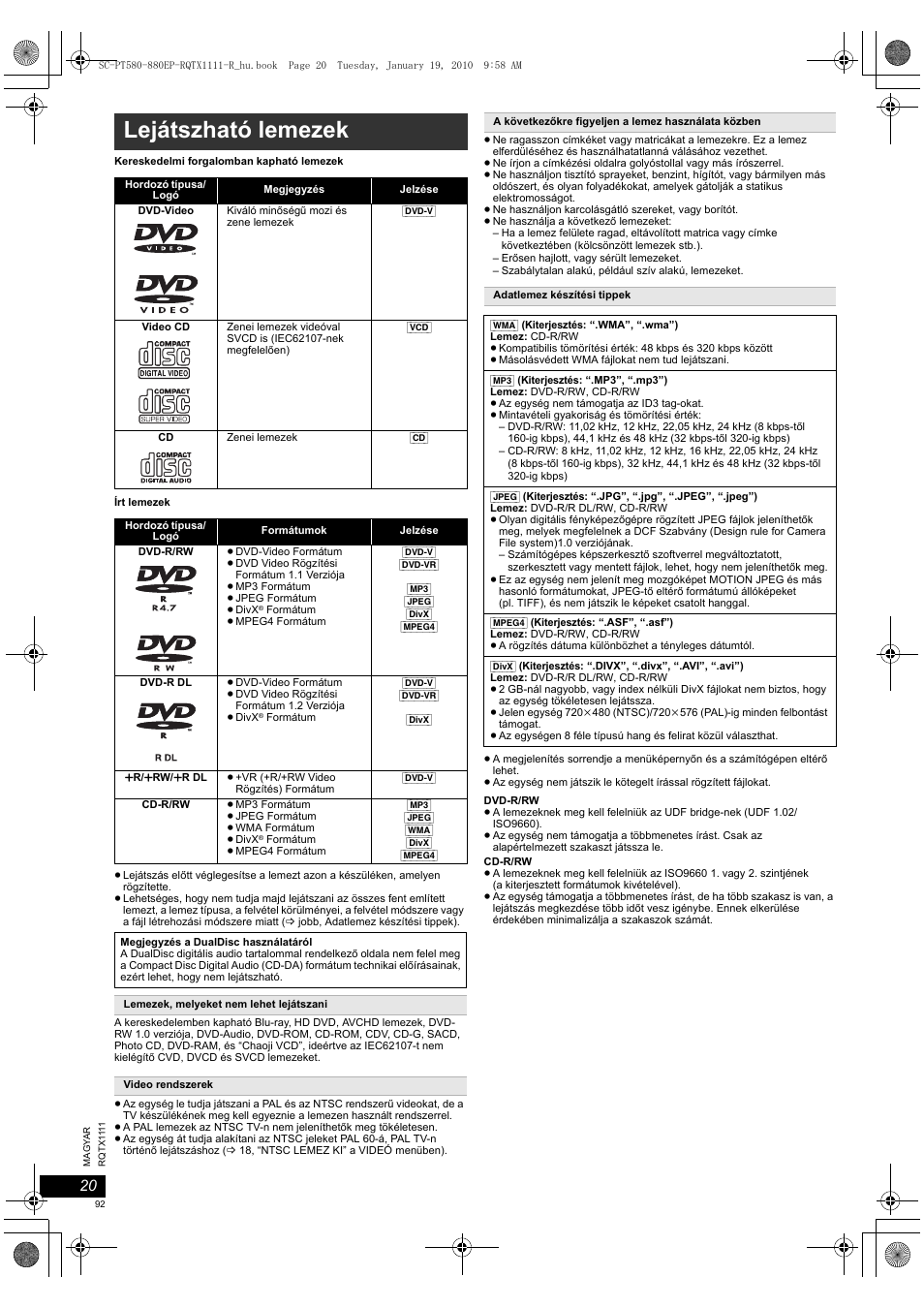 Lejátszható lemezek | Panasonic SCPT880EP User Manual | Page 92 / 102