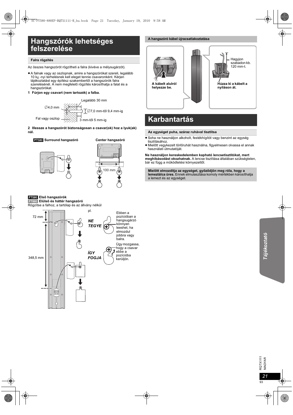 Hangszórók lehetséges felszerelése, Karbantartás | Panasonic SCPT880EP User Manual | Page 93 / 102