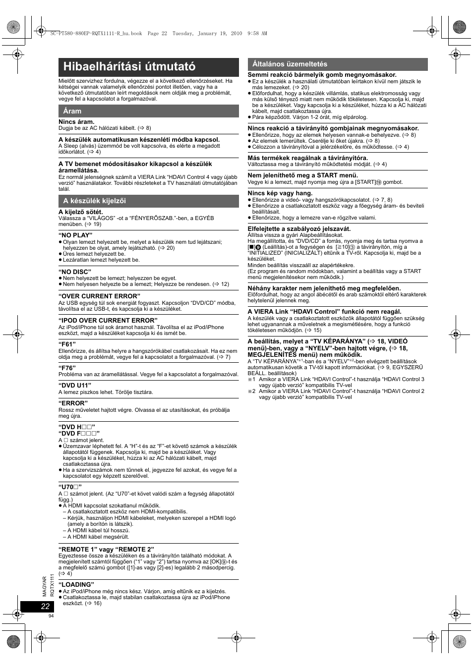 Hibaelhárítási útmutató | Panasonic SCPT880EP User Manual | Page 94 / 102