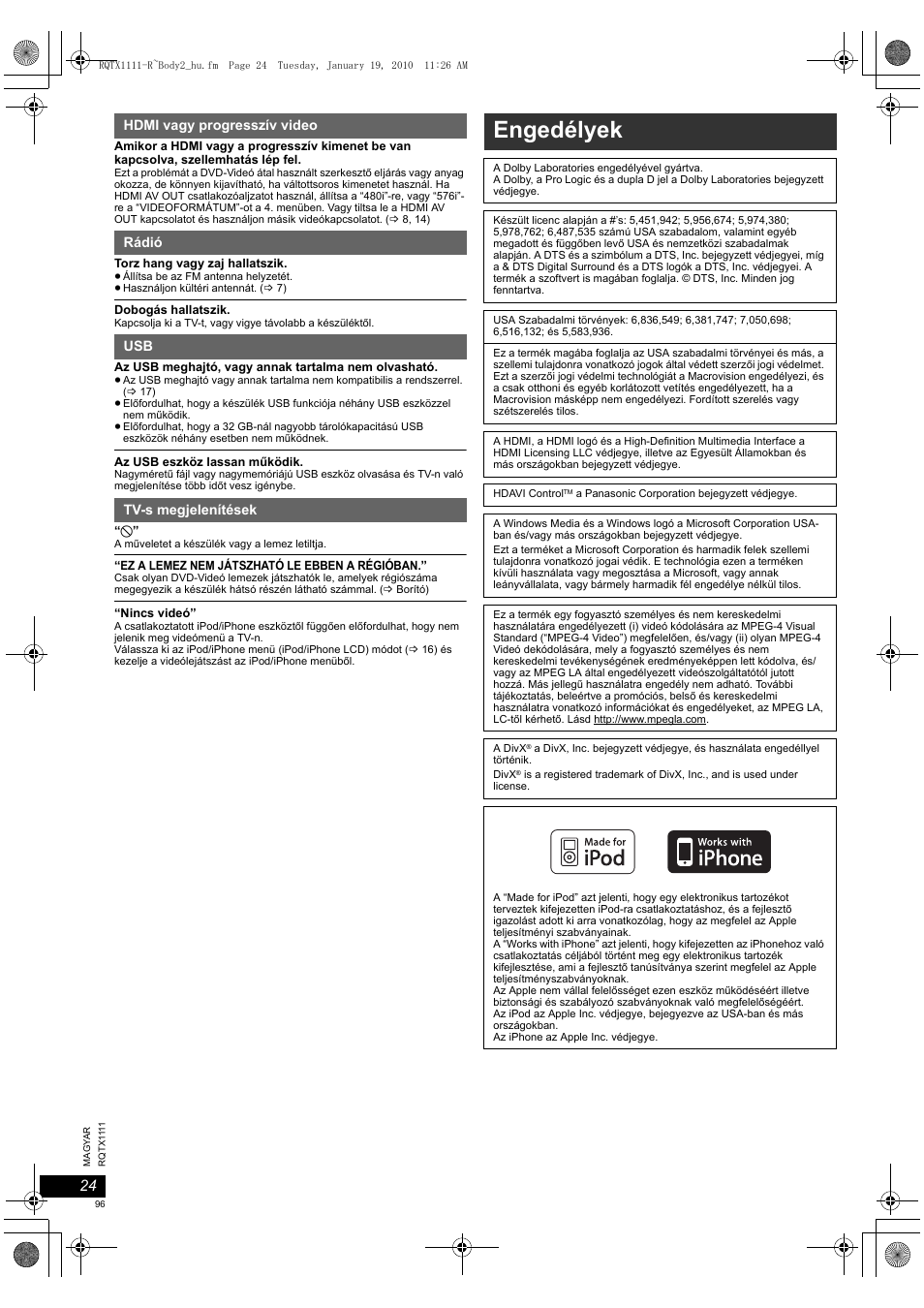 Engedélyek | Panasonic SCPT880EP User Manual | Page 96 / 102