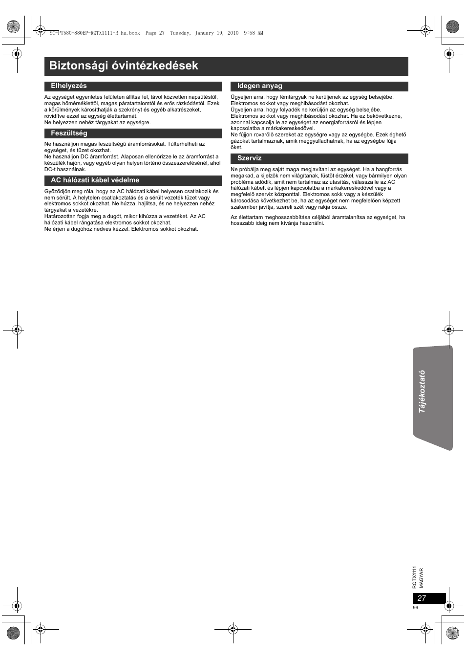 Biztonsági óvintézkedések | Panasonic SCPT880EP User Manual | Page 99 / 102