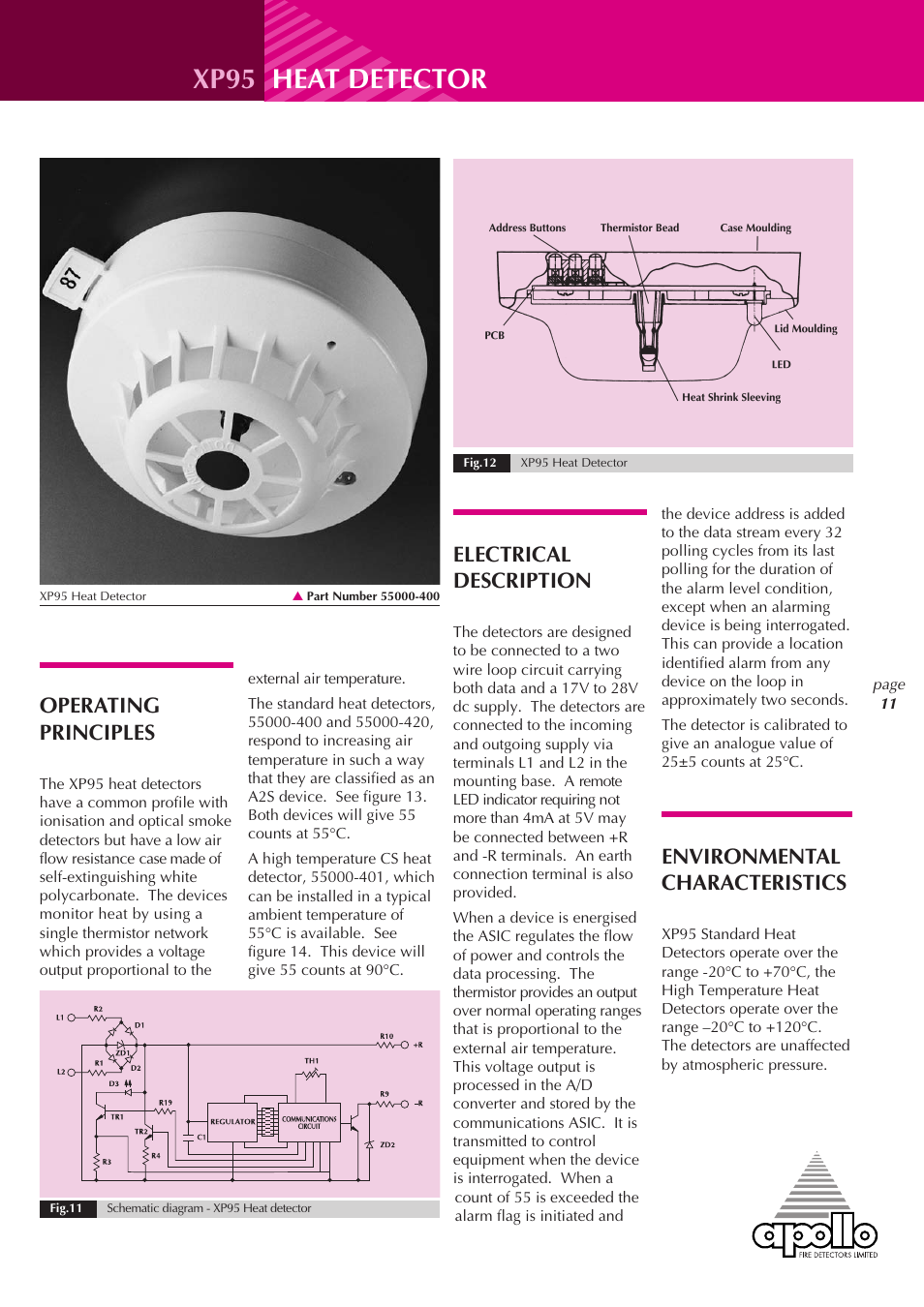 Xp95 heat detector, Electrical description, Operating principles | Environmental characteristics | Apollo XP95 User Manual | Page 11 / 24