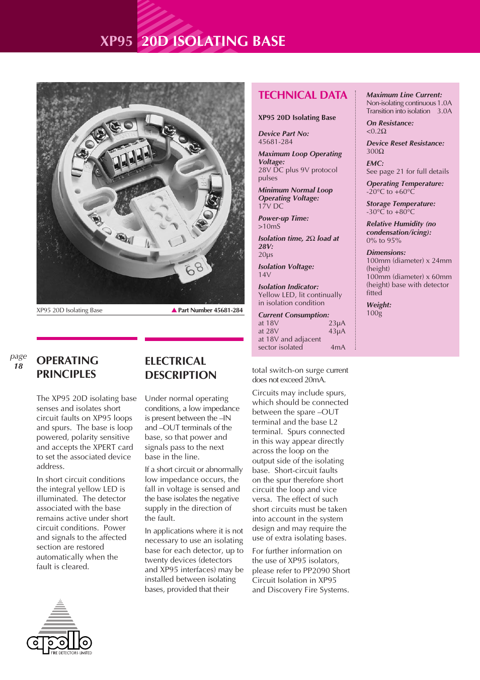 Xp95 20d isolating base, Operating principles, Electrical description | Technical data | Apollo XP95 User Manual | Page 18 / 24