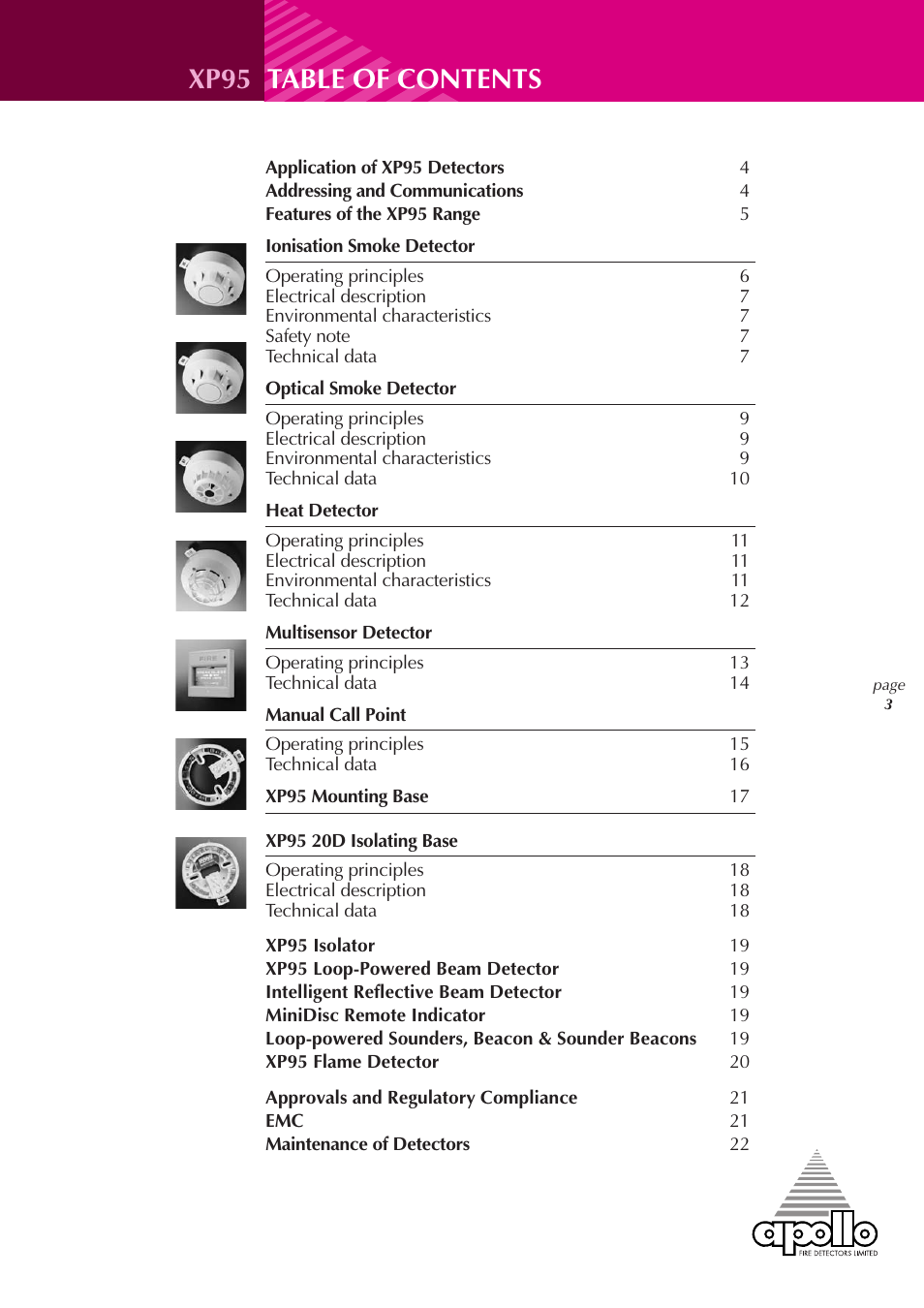 Xp95 table of contents | Apollo XP95 User Manual | Page 3 / 24
