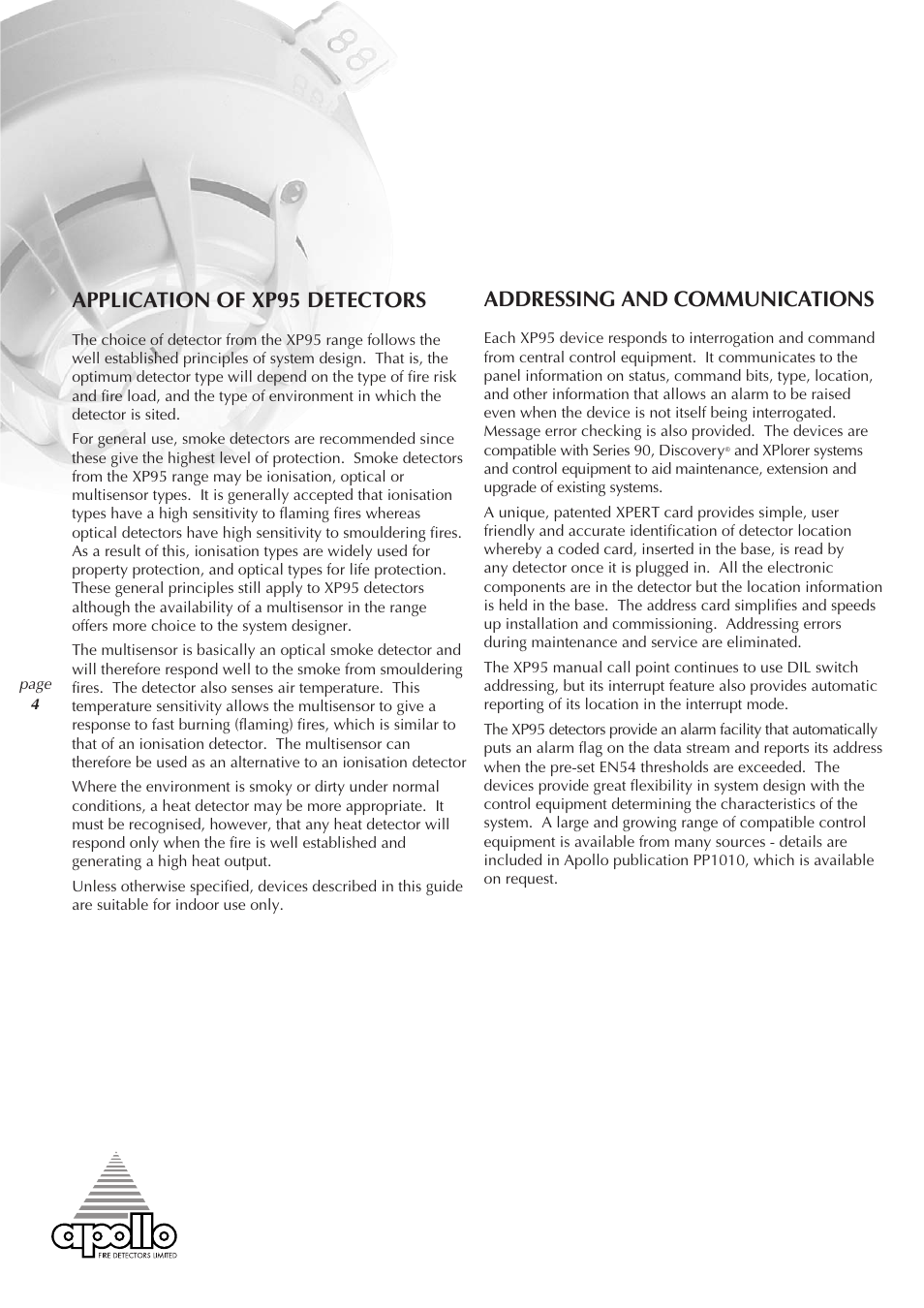 Addressing and communications, Application of xp95 detectors | Apollo XP95 User Manual | Page 4 / 24