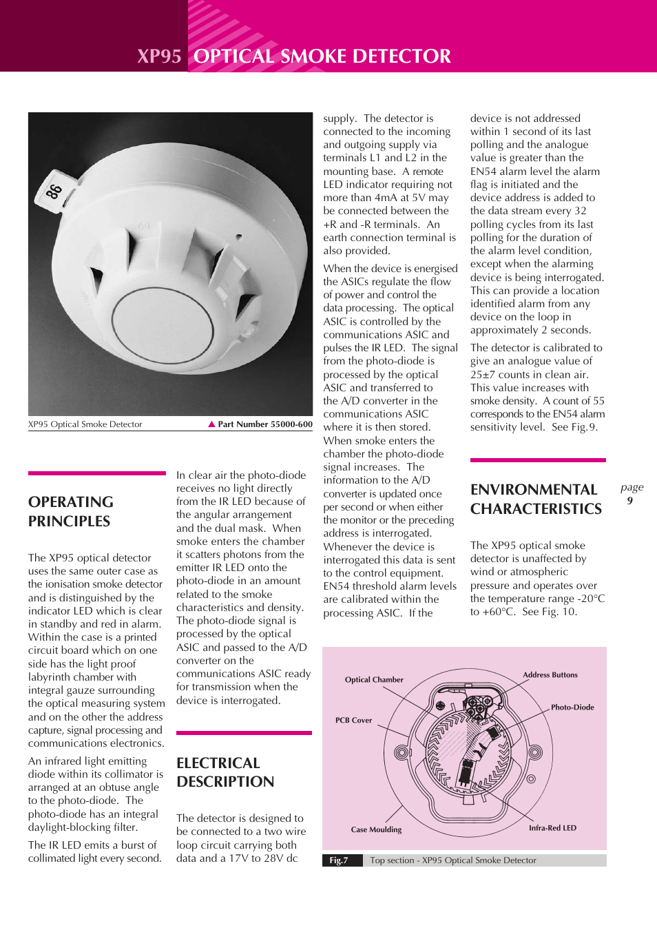 Xp95 optical smoke detector, Operating principles, Electrical description | Environmental characteristics | Apollo XP95 User Manual | Page 9 / 24
