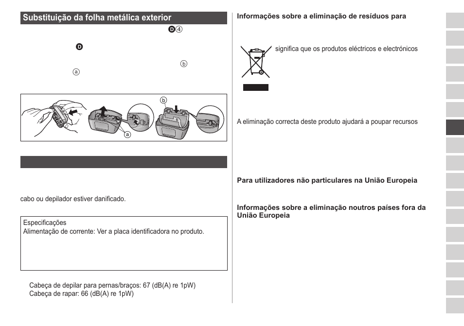 Substituição da folha metálica exterior, Garantia | Panasonic ESWS20 User Manual | Page 39 / 90