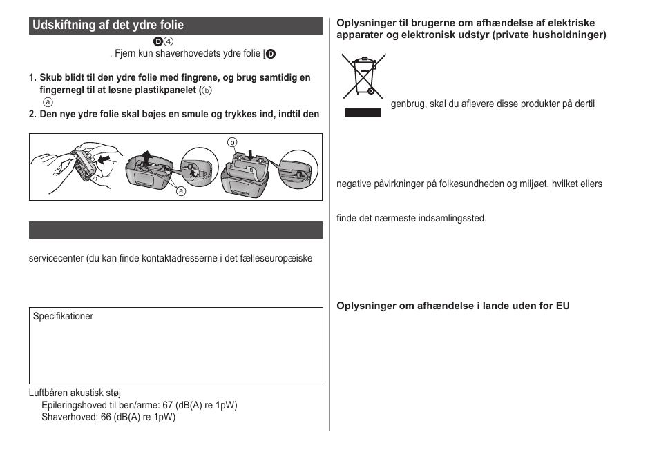 Udskiftning af det ydre folie, Garanti | Panasonic ESWS20 User Manual | Page 54 / 90