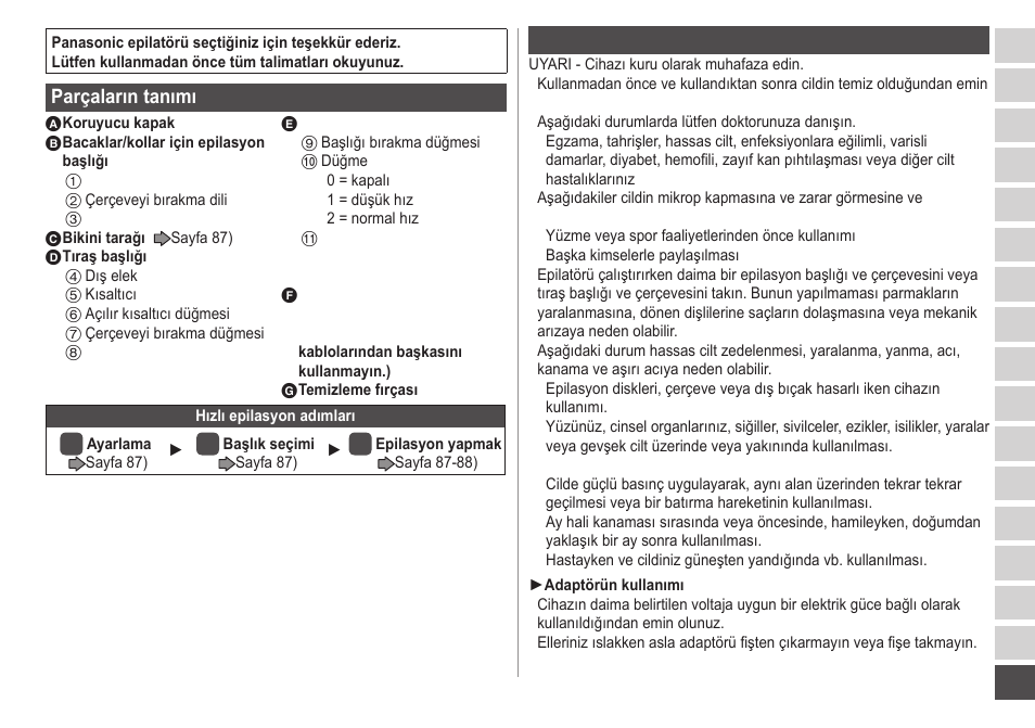 Parçaların tanımı, Önemli | Panasonic ESWS20 User Manual | Page 85 / 90