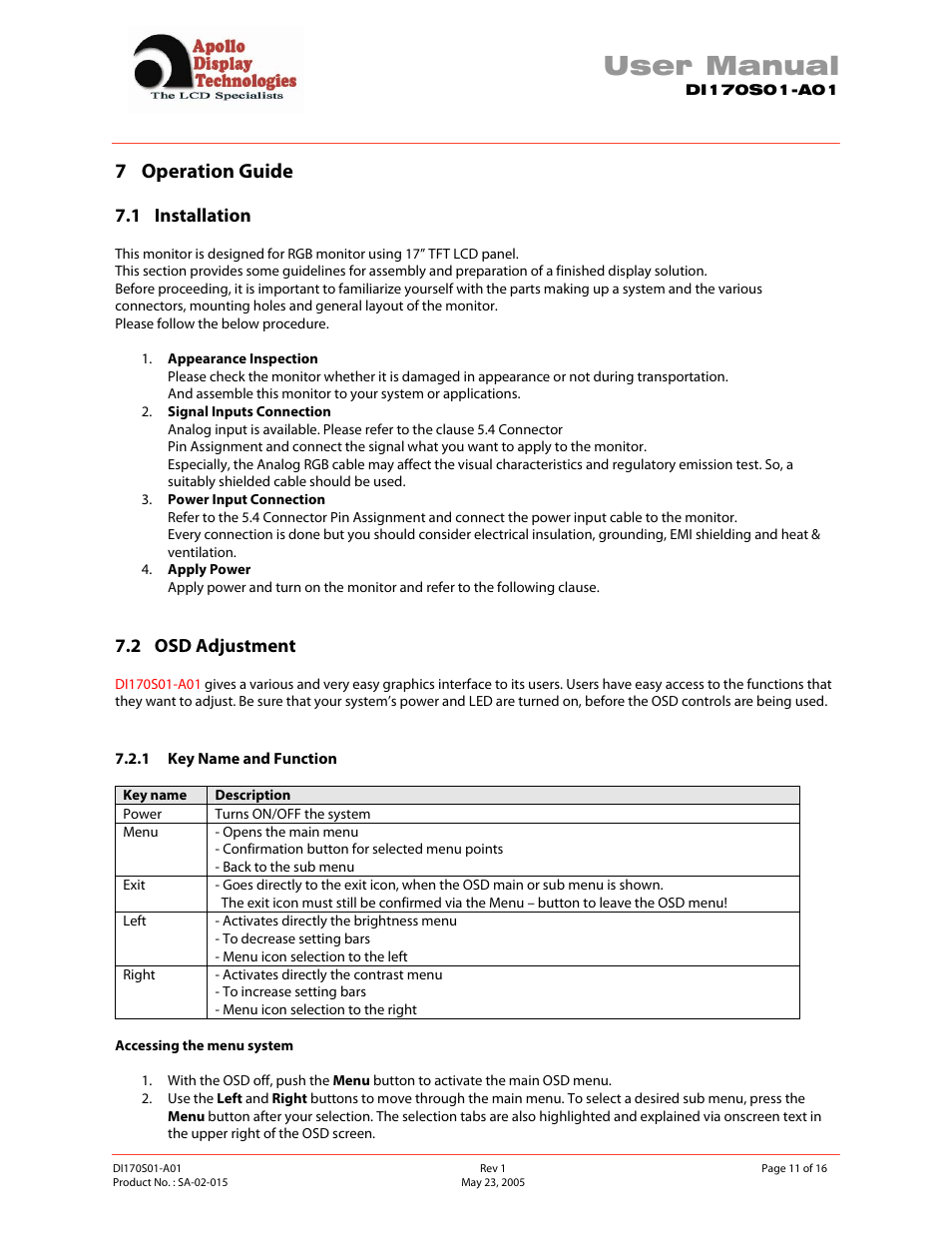 User manual, 7 operation guide, 1 installation | 2 osd adjustment | Apollo SA-02-015 User Manual | Page 11 / 16