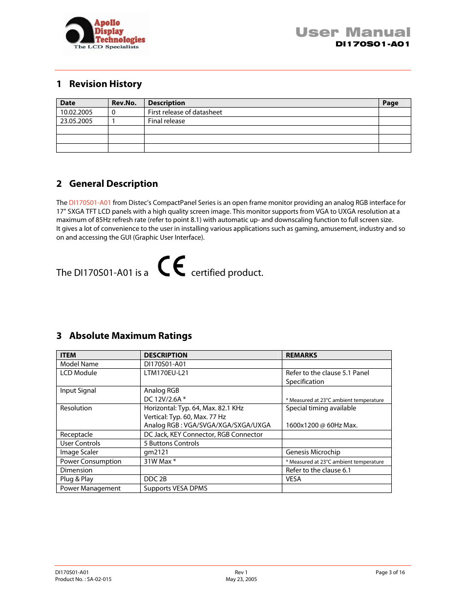 User manual, 1 revision history, 2 general description | 3 absolute maximum ratings | Apollo SA-02-015 User Manual | Page 3 / 16