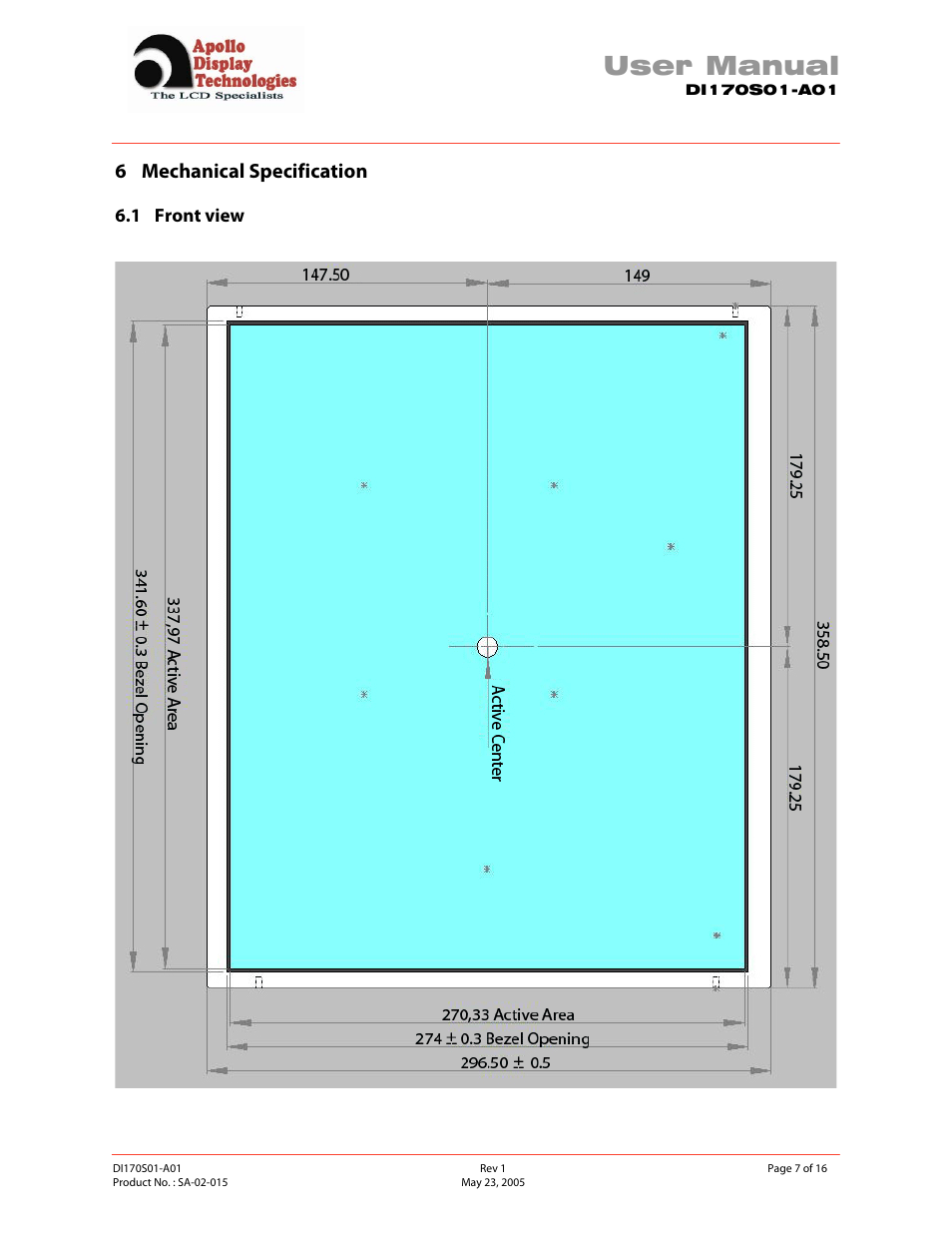User manual, 6 mechanical specification, 1 front view | Apollo SA-02-015 User Manual | Page 7 / 16