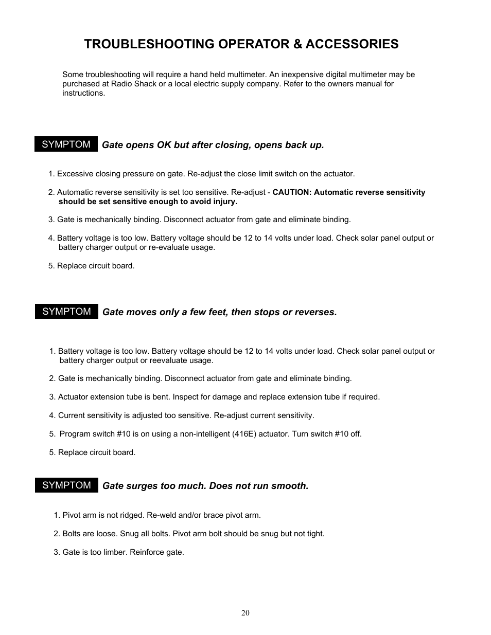 Troubleshooting operator & accessories | Apollo 1650ETL User Manual | Page 20 / 23