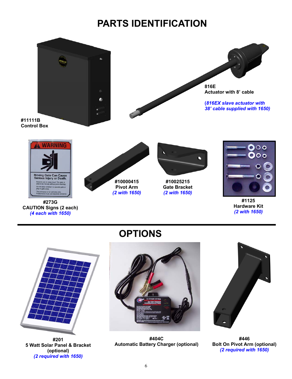 Parts identification, Options | Apollo 1650ETL User Manual | Page 6 / 23
